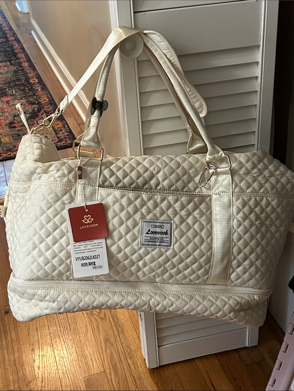 Cream Quilted Travel Weekender Bag